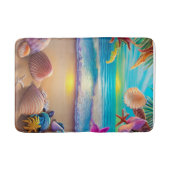 神秘的なファンタジービーチの夕日と熱帯花 バスマット (正面)
