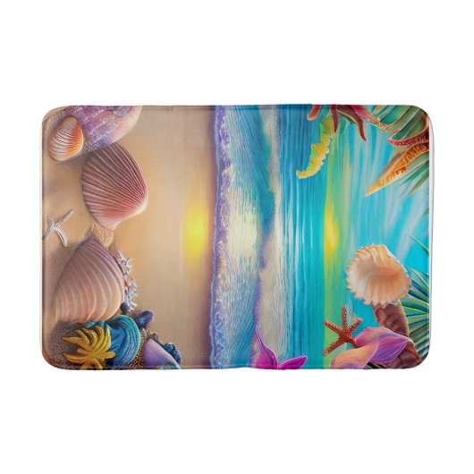 神秘的なファンタジービーチの夕日と熱帯花 バスマット (正面)