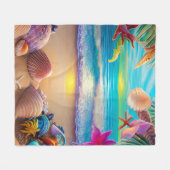 神秘的なファンタジービーチの夕日と熱帯花 フリースブランケット (正面(横))