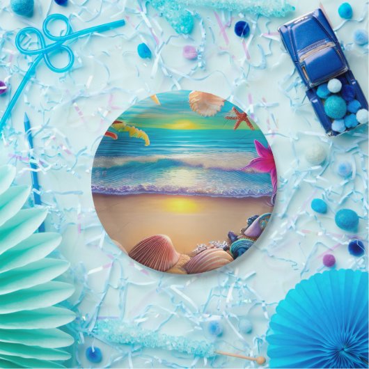 神秘的なファンタジービーチの夕日と熱帯花 ペーパープレート (パーティー)