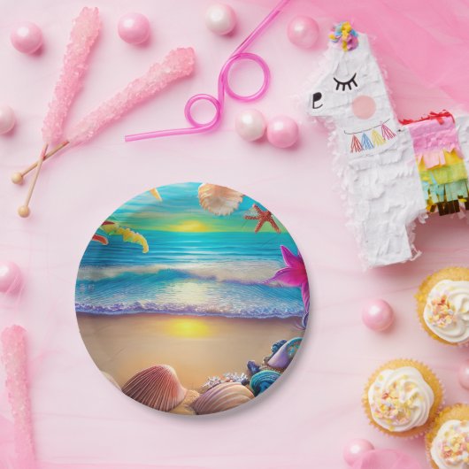 神秘的なファンタジービーチの夕日と熱帯花 ペーパープレート (パーティー)