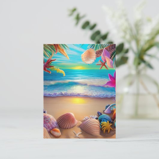 神秘的なファンタジービーチの夕日と熱帯花 ポストカード (スタンド正面)