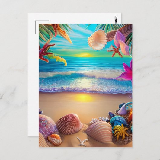 神秘的なファンタジービーチの夕日と熱帯花 ポストカード (正面/裏面)