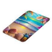 神秘的なファンタジービーチの夕日と熱帯花 マグネット (左側)