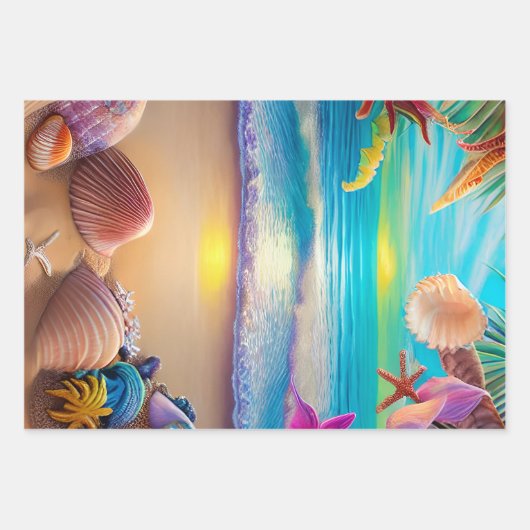 神秘的なファンタジービーチの夕日と熱帯花 ラッピングペーパーシート (正面3)