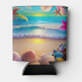 神秘的なファンタジービーチの夕日と熱帯花 缶クーラー (正面)