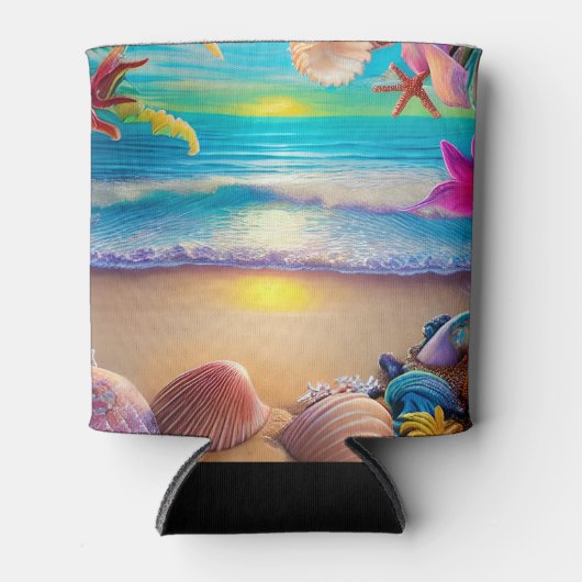 神秘的なファンタジービーチの夕日と熱帯花 缶クーラー (正面)