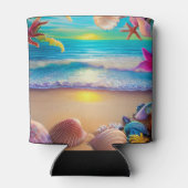 神秘的なファンタジービーチの夕日と熱帯花 缶クーラー (裏面)