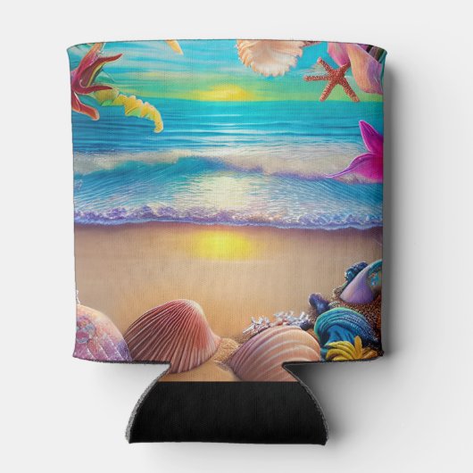 神秘的なファンタジービーチの夕日と熱帯花 缶クーラー (裏面)