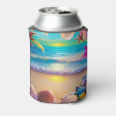 神秘的なファンタジービーチの夕日と熱帯花 缶クーラー (缶裏面)