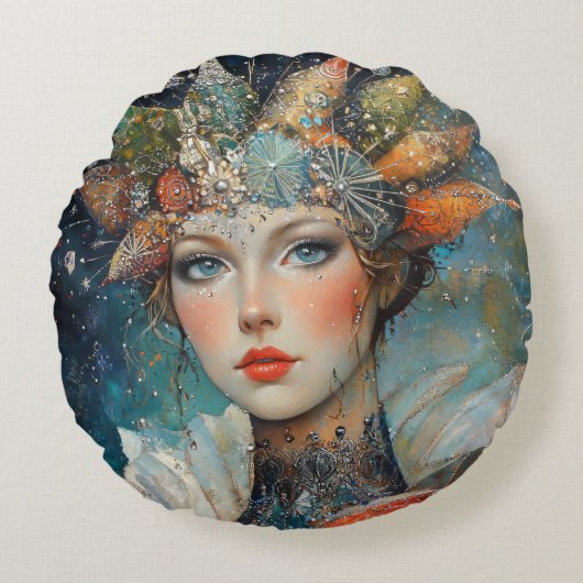 神秘的なファンタジー強い女性 ラウンドクッション (正面)