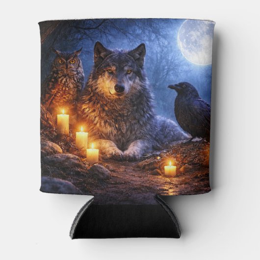 神秘的なフクロウとオオカミとワタリガラス  缶クーラー (正面)