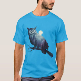 神秘的なフクロウのシルエット 満月と星空の夜 Tシャツ