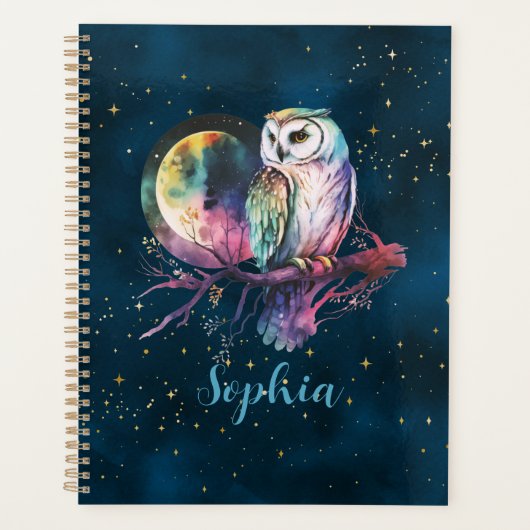 神秘的なフクロウの月夜の星空 オーダーメイド プランナー手帳 (正面)