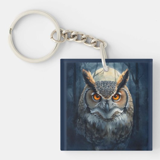 神秘的なフクロウの水彩画 | 暗い森の月のフクロウ キーホルダー (正面)