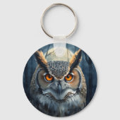 神秘的なフクロウの水彩画 | 暗い森の月のフクロウ キーホルダー (正面)