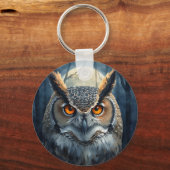 神秘的なフクロウの水彩画 | 暗い森の月のフクロウ キーホルダー (正面)