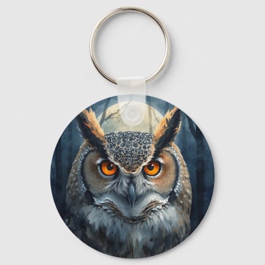 神秘的なフクロウの水彩画 | 暗い森の月のフクロウ キーホルダー (裏面)