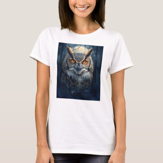 神秘的なフクロウの水彩画 | 暗い森の月のフクロウ Tシャツ (正面)