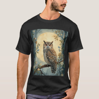 神秘的なフクロウ 月夜の森 アート | 森のフクロウ I Tシャツ