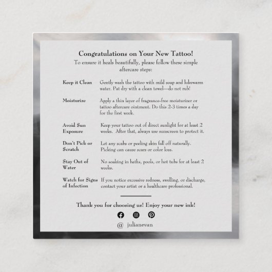 神秘的なブラックインクタトゥーアフターケアの指示 スクエア名刺 (裏面)