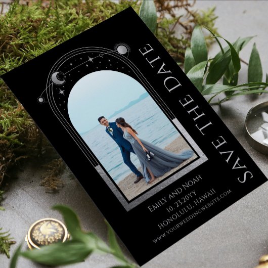 神秘的なブラックシルバーサンムーンスター宇宙結婚ズ セーブザデート