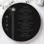 神秘的なブラックシルバーサンムーン宇宙結婚ズ メニュー<br><div class="desc">神秘的なブラックシルバーサンムーンスターズ結婚宇宙のメニューカードは黒い背景に銀色の星を付けシンプルて、その中央に銀書の台本の中にメニュー詳細を置いてモダンいる。提供されている文字・ボックスで文字を編集してパーソナライズ。©2022 Evco Studioによる設計： www.zazzle.com/store/evcostudio</div>