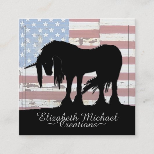 神秘的なブラックユニコーン（素朴な国旗） スクエア名刺 (正面)