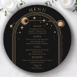 神秘的なブラック金ゴールドサンムーンスターズ宇宙結婚ズ メニュー<br><div class="desc">神秘的なブラック金ゴールド太陽ムーンスターズ宇宙のメニューカード結婚は、金ゴールド太陽、月、星のフレームを黒い背景に持ち、金ゴールド書のスクリプトの中心にあなたのメニュー詳細をモダン持つ。提供されている文字・ボックスで文字を編集してパーソナライズ。Evco Studio ©(www.zazzle.com/store/evcostudio)による設計</div>