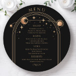 神秘的なブラック金ゴールドサンムーンスターズ宇宙結婚ズ メニュー<br><div class="desc">神秘的なブラック金ゴールド太陽ムーンスターズ宇宙のメニューカード結婚は、金ゴールド太陽、月、星のフレームを黒い背景に持ち、金ゴールド書のスクリプトの中心にあなたのメニュー詳細をモダン持つ。提供されている文字・ボックスで文字を編集してパーソナライズ。Evco Studio ©(www.zazzle.com/store/evcostudio)による設計</div>
