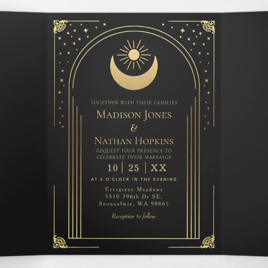 神秘的なブラック金ゴールドタロットカードアー結婚チズ 三つ折り招待状 (内部中)