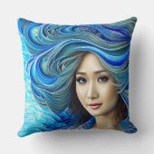神秘的なブルーウェーブファンタジー水の女神アートワーク クッション (裏面)