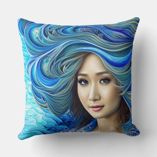 神秘的なブルーウェーブファンタジー水の女神アートワーク クッション (裏面)
