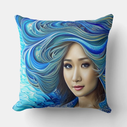 神秘的なブルーウェーブファンタジー水の女神アートワーク クッション (正面)