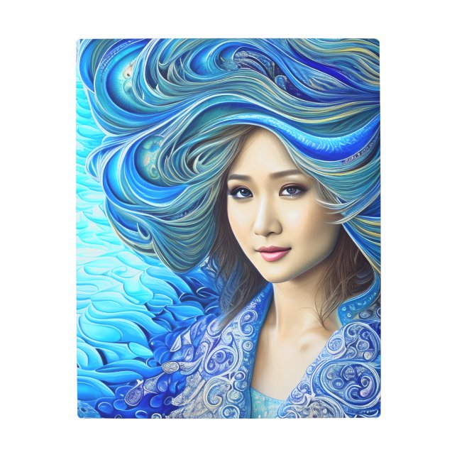 神秘的なブルーウェーブファンタジー水の女神アートワーク メタルプリント (正面)