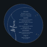 神秘的なブルーシルバーサンムーンスターズ宇宙結婚ズ メニュー<br><div class="desc">神秘的なブルーシルバーサンムーンスターズ結婚宇宙のメニューカードは青い背景に金ゴールドの星を備えシンプル、シルバーライクの台本の中にあなたのメニュー詳細を中央にモダン置く。提供されている文字・ボックスで文字を編集してパーソナライズ。©Evco Studio(www.zazzle.com/store/evcostudio)による設計</div>