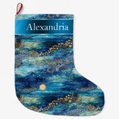 神秘的なブルー金ゴールドクリスマスの名前 ラージクリスマスストッキング (正面)