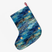 神秘的なブルー金ゴールドクリスマスの名前 ラージクリスマスストッキング (裏面 (吊り時))