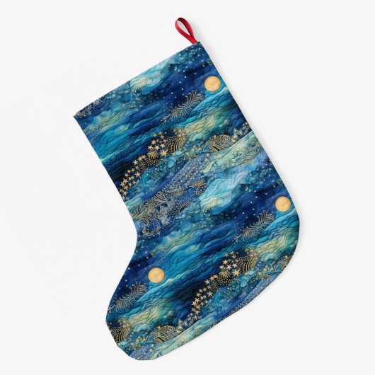神秘的なブルー金ゴールドクリスマスの名前 ラージクリスマスストッキング (裏面 (吊り時))