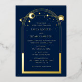 神秘的なブルー金ゴールドサンムーン天文学宇宙 箔招待状 (正面)