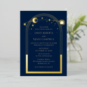 神秘的なブルー金ゴールドサンムーン天文学宇宙 箔招待状 (立ち正面)