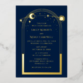 神秘的なブルー金ゴールド太陽ムーン天文学宇宙写真 箔招待状 (正面)