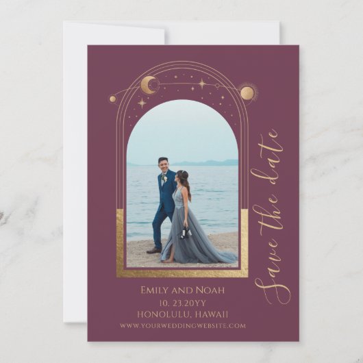 神秘的なプラム金ゴールドサンムーンスターズ宇宙 セーブザデート (正面)