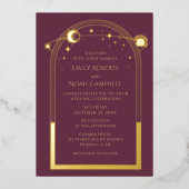 神秘的なプラム金ゴールドサンムーン天文学宇宙 箔招待状 (正面)