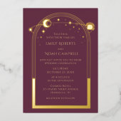 神秘的なプラム金ゴールド太陽の月の星の写真結婚の数 箔招待状 (正面)