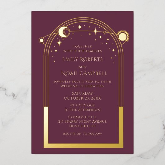 神秘的なプラム金ゴールド太陽の月の星の写真結婚の数 箔招待状 (正面)