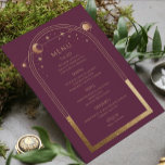 神秘的なプラム金ゴールド太陽ムーンスターズ結婚ズ メニュー<br><div class="desc">神秘的な梅金ゴールド太陽の月の星天文学銀河系天空の宇宙宇宙のメニューカード結婚は、金ゴールドの太陽、月と星のフレームを梅の背景に備え、金ゴールド書のスクリプトの中にあなたのメニュー詳細を中心にモダン。提供されている文字・ボックスで文字を編集してパーソナライズ。Evco Studioのwww.zazzle.com/store/evcostudioで設計</div>
