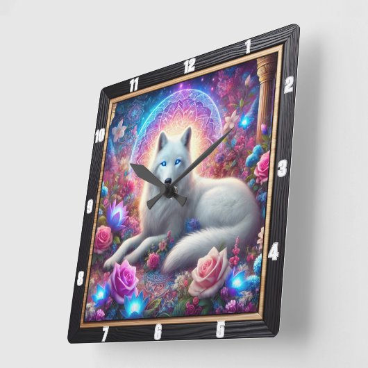 神秘的なホワイトウルフ スクエア壁時計 (傾斜)