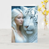 神秘的なホワイトタイガーと女性マジカル誕生日 カード (黄色い花)