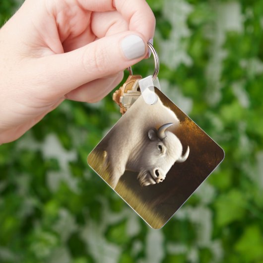 神秘的なホワイトバッファローデジタルアート キーホルダー (手)